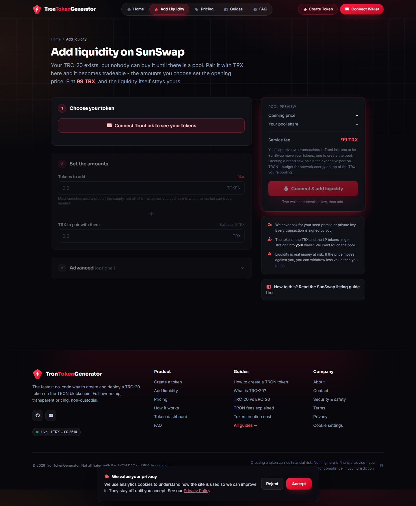 The add-liquidity wizard pairing a TRC-20 token with TRX to open a SunSwap pool, showing the pool preview and service fee