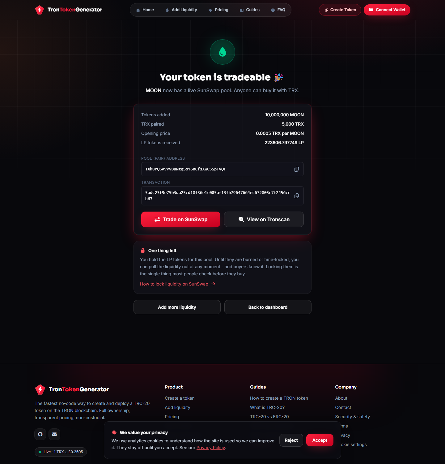 Confirmation that a TRC-20 and TRX liquidity pool has been created on SunSwap, showing the pool share and LP tokens held in the user wallet