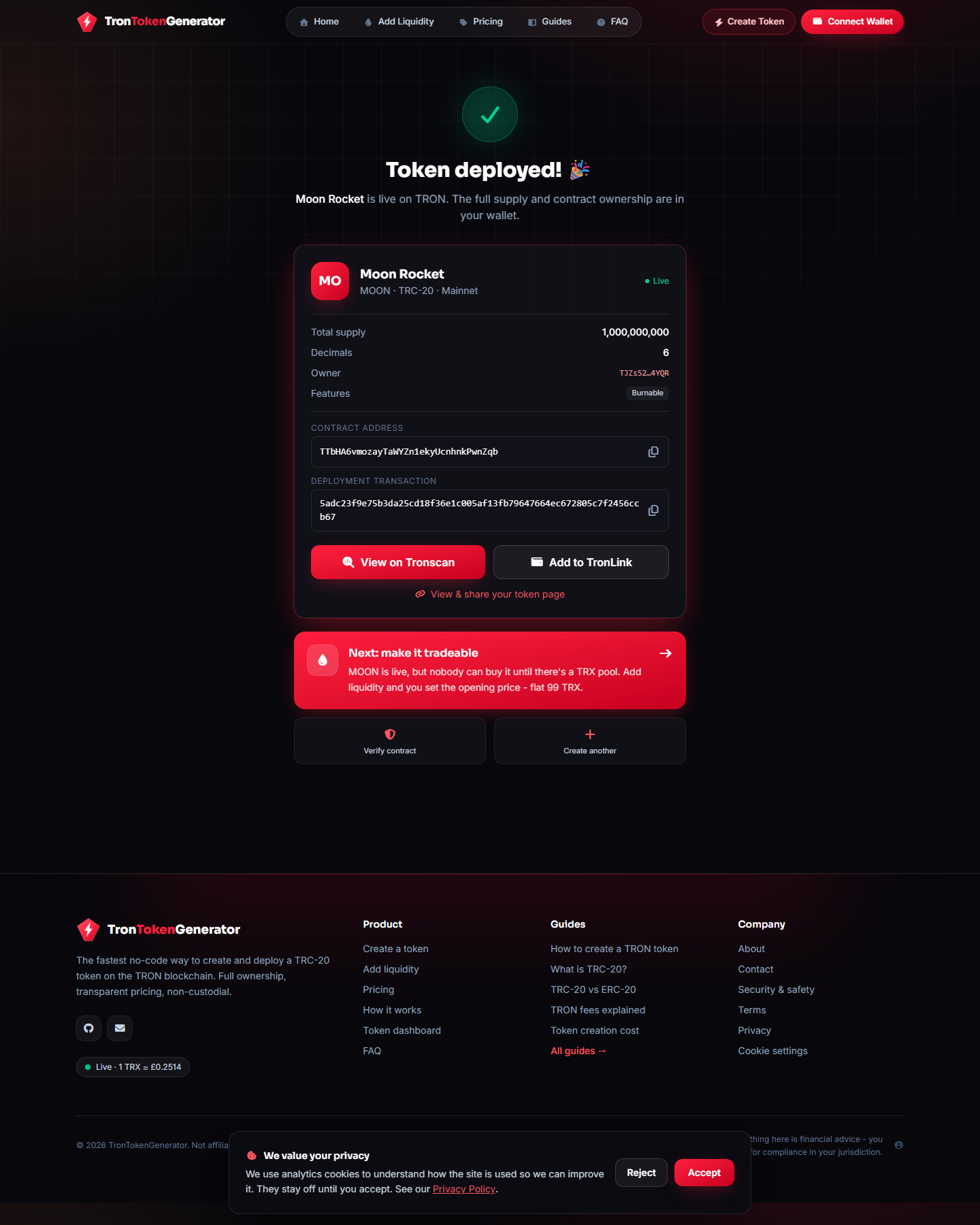 Confirmation screen showing the deployed TRC-20 token Moon Rocket with its contract address, total supply and owner wallet